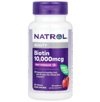 Біотин, Biotin, Natrol, полуниця, 10000 мкг, 60 таблеток NTL-06885 фото
