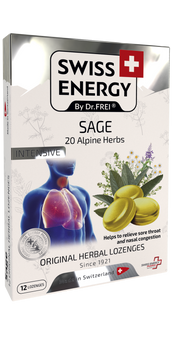 Леденцы от простуды, Herbal Lozenges Blister 20 herbs + Sage, Swiss Energy, от кашля, боли в горле и заложенности носа, 20 альпийский трав и шалфей, 12 травяных леденцов SWE-32677 фото