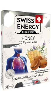Леденцы от простуды, Herbal Lozenges Blister 20 herbs + Honey, Swiss Energy, от кашля, боли в горле и заложенности носа, 20 альпийский трав и мед, 12 травяных леденцов SWE-32690 фото