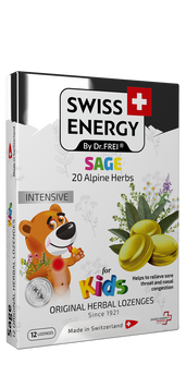Леденцы от простуды, для детей, Herbal Lozenges Blister 20 herbs + Sage for kids, Swiss Energy, от кашля, боли в горле и заложенности носа, 20 альпийский трав и шалфей, 12 травяных леденцов SWE-25180 фото