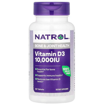 Вітамін D3, Vitamin D3, Natrol, для здоров'я кісток та суглобів, 10,000 МО, 60 таблеток NTL-06014 фото